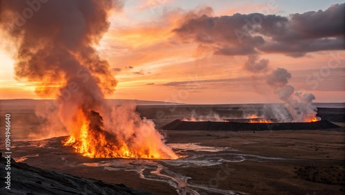 Large flames rising from a volcanic landscape at sunset, earthy tones, burning rocks