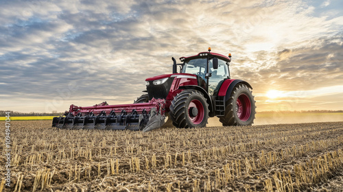 Red Tractor Plowing Field at Sunrise with Dramatic Sky and Sunlight in Countryside Landscape photo