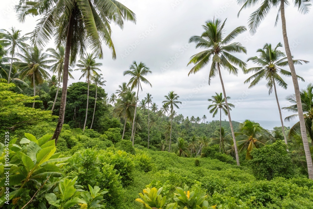 Leafy Greenery Seamless Background with Coconut Trees, tropical landscape, floral patterns, watercolor artwork, palm tree forest Leafy Greenery Seamless Background with Coconut Trees, tropical landscape, floral patterns, watercolor artwork, palm tree forest