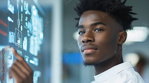 Young entrepreneur engaged in modern workspace, interacting with digital technology on screen, showcasing innovative ideas and creativity in business development.