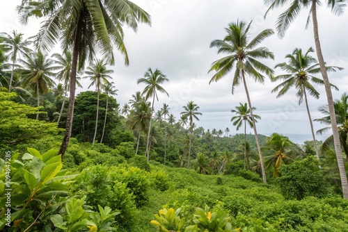 Leafy Greenery Seamless Background with Coconut Trees, tropical landscape, floral patterns, watercolor artwork, palm tree forest