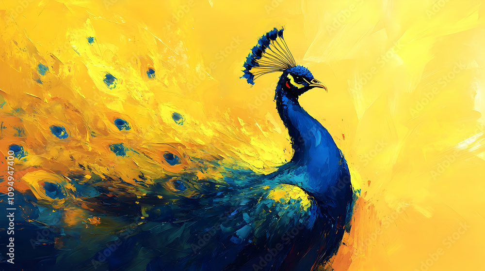 Artistic painting of a peacock with vibrant feathers in yellow and blue hues