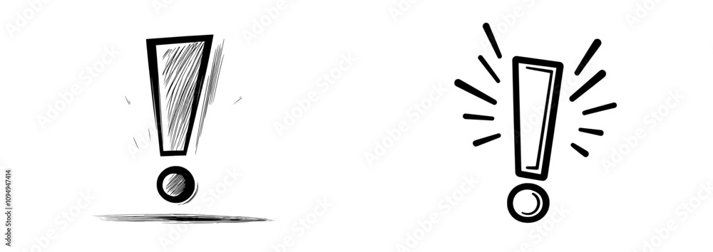 A single, continuous line drawing featuring an exclamation mark, embodying a simple, minimalist design style with a linear background. This modern outline conveys a message of warning, attention, A single, continuous line drawing featuring an exclamation mark, embodying a simple, minimalist design style with a linear background. This modern outline conveys a message of warning, attention,