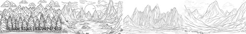 A single-line sketch of a mountain landscape, isolated on a white background.