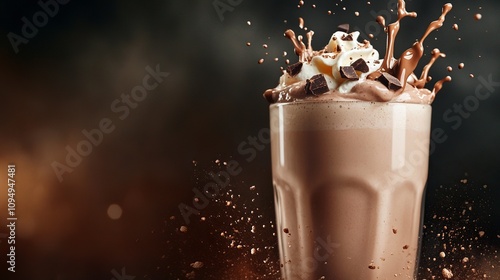 Creative food template. Close up Topping of Chocolate latte glass of milk milkshake yoghurt smoothie with liquid droplet splash splashing swirl on smoky background. copy text space. photo