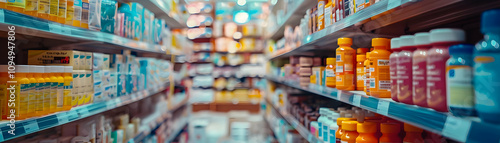 Wallpaper Mural Aisle of vibrant medicine bottles and packages neatly arranged on shelves in a pharmacy or drugstore, creating a colorful and organized retail display. Torontodigital.ca