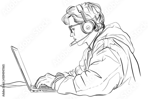 One unbroken line. Call center. Male operator. Handling calls and messages. Operator with a phone and computer. Manager in headphones with a microphone.