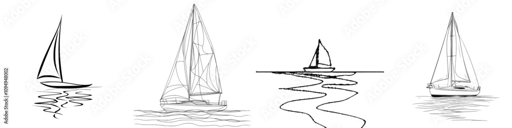 A single unbroken line. A sailing ship glides through the sea. Maritime transport carries tourists on a voyage. A minimalist logo with a continuous line drawing. A single unbroken line. A sailing ship glides through the sea. Maritime transport carries tourists on a voyage. A minimalist logo with a continuous line drawing.