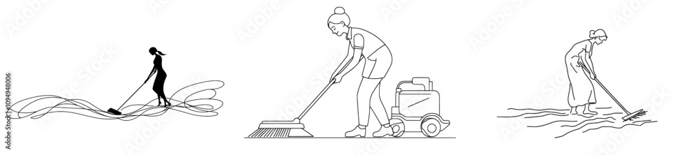 Using a room cleaning scrubber dryer for wet cleaning. A woman is cleaning the house. A logo featuring a single continuous line drawing, hand-drawn art doodle, isolated and minimal. Using a room cleaning scrubber dryer for wet cleaning. A woman is cleaning the house. A logo featuring a single continuous line drawing, hand-drawn art doodle, isolated and minimal.