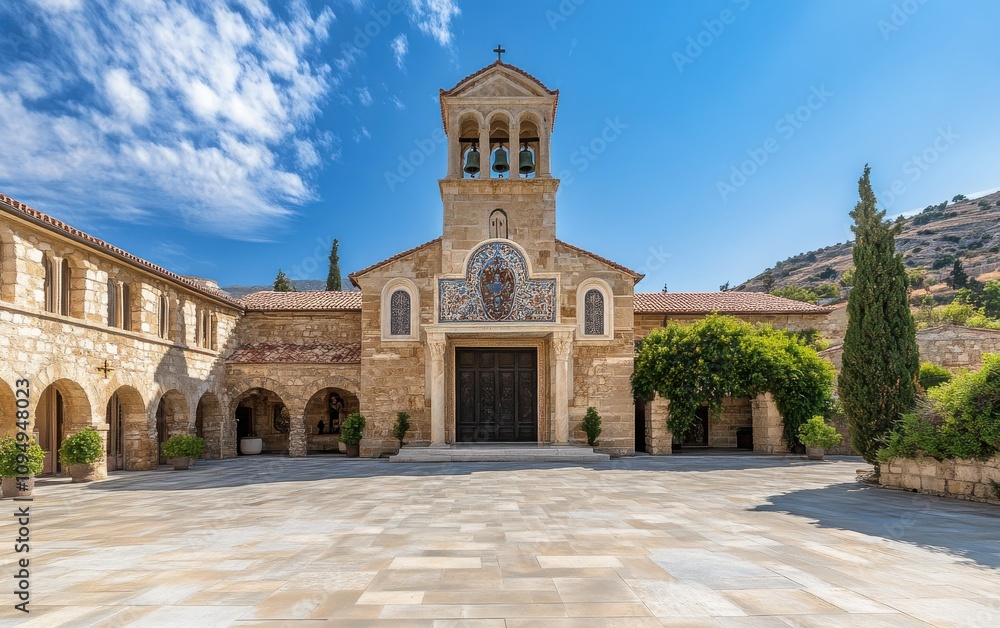 Obraz premium A wide-angle shot of the Monastery at Heraklion, Crete, featuring its bell tower and ornate front door in Chinoiserie style.