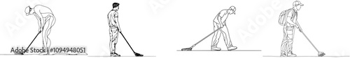 A man cleans the house using a mop and a broom, performing wet cleaning. The logo is a single continuous line drawing, a hand-drawn art doodle, minimal and isolated.