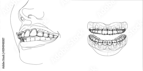 A one-line drawing of a dental clinic logo showcasing a woman's lips on a white background, available as a stock illustration for design purposes. photo