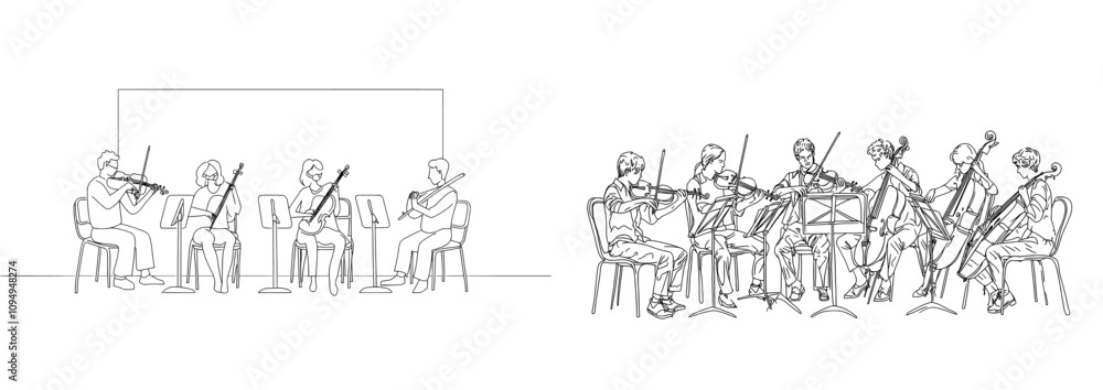 A musical quartet of violinists plays continuously, creating a single, unbroken line of sound. A musical quartet of violinists plays continuously, creating a single, unbroken line of sound.