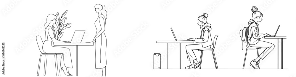 A continuous line drawing showing two office employees at work with their laptops. A continuous line drawing showing two office employees at work with their laptops.