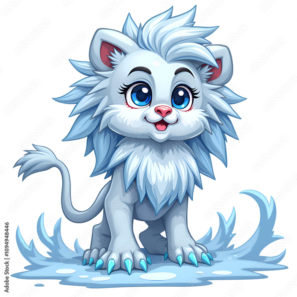 Fototapeta premium Adorable frostpaw a playful arctic lion cub with stylish fluffy fur and sparkling blue eyes, digital art of fantasy creature concept.