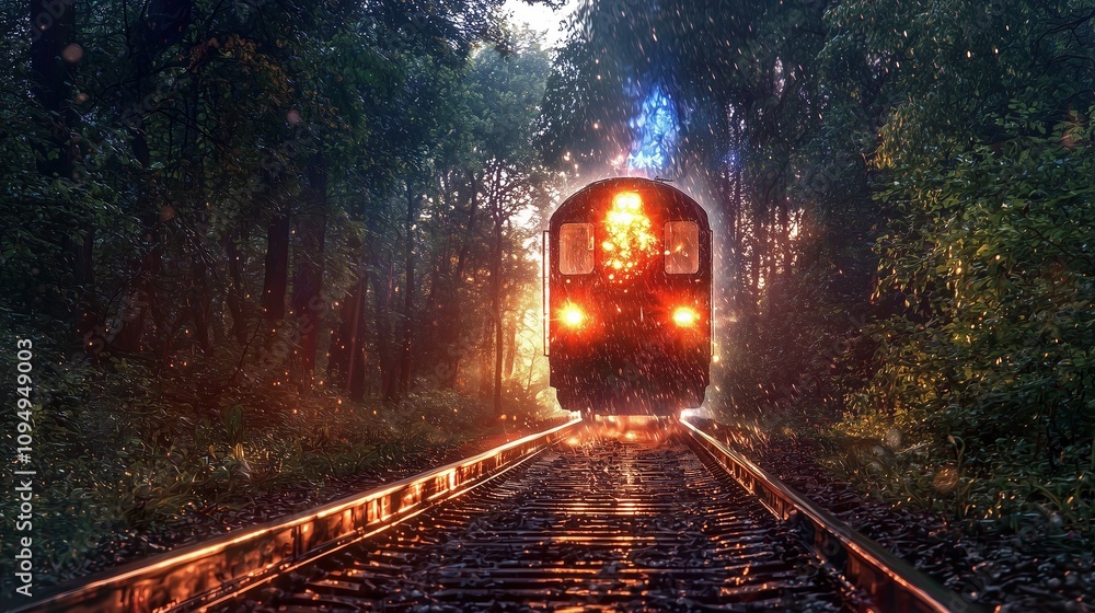 Naklejka premium A train approaches through a misty forest, illuminated by its headlights, creating a mystical atmosphere.