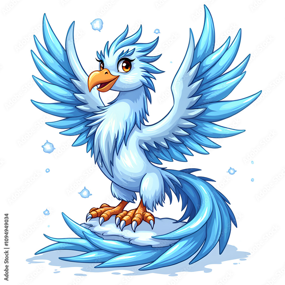 A majestic frostbird spreading its wings amidst snowflakes in a vibrant colorful illustration, digital art of fantasy creature concept. A majestic frostbird spreading its wings amidst snowflakes in a vibrant colorful illustration, digital art of fantasy creature concept.
