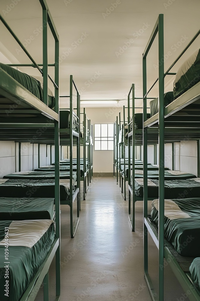 Obraz premium Rows of empty bunk beds in a room.