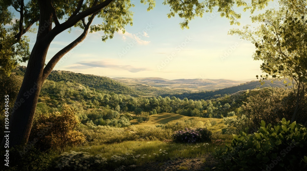 A beautiful landscape with a large tree in the foreground A beautiful landscape with a large tree in the foreground