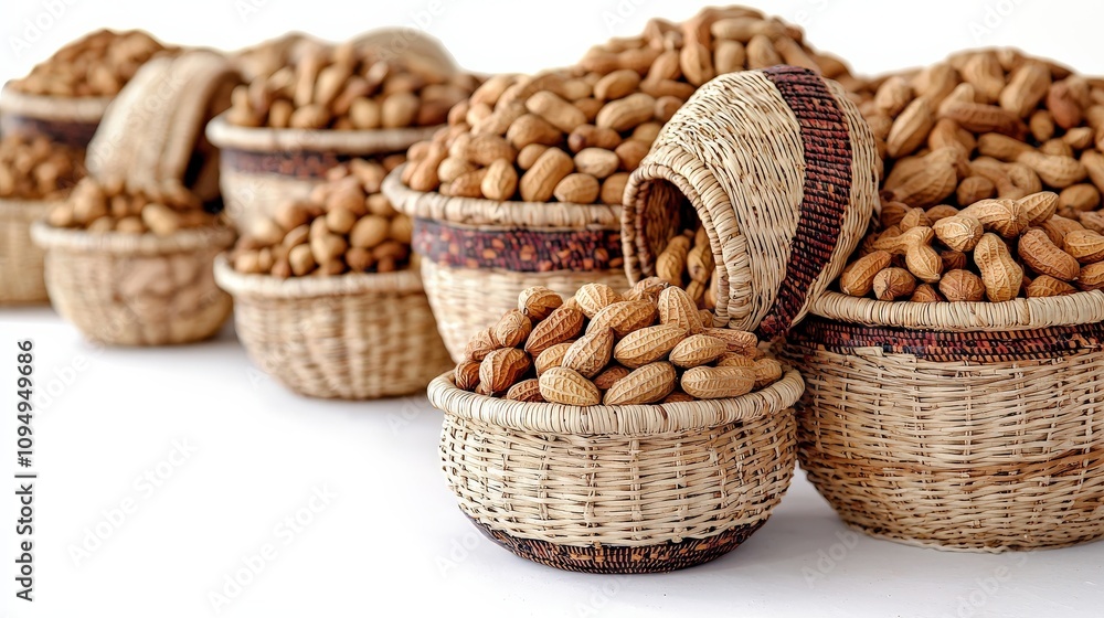 A row of woven baskets filled with fresh peanuts, showcasing natural textures and earthy colors. A row of woven baskets filled with fresh peanuts, showcasing natural textures and earthy colors.
