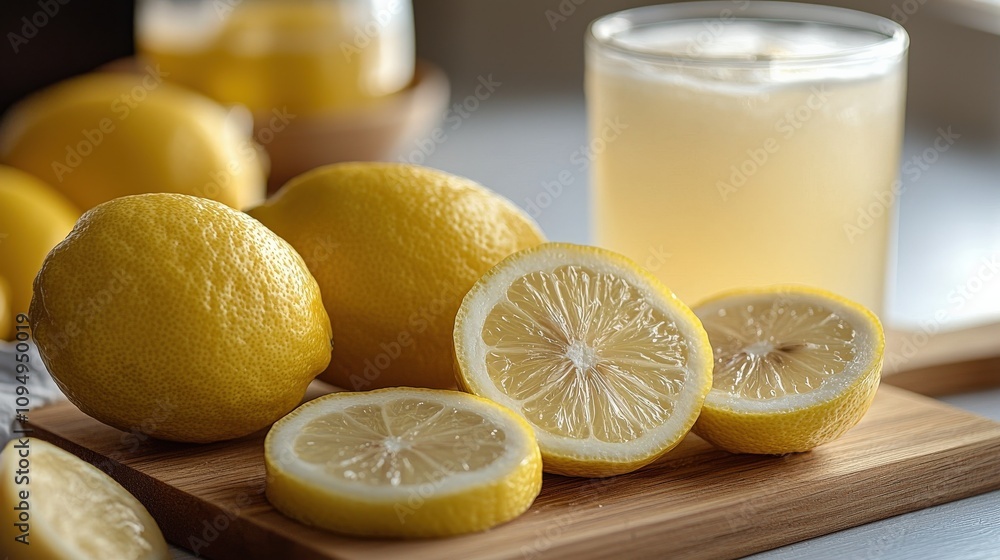 Fresh lemons and lemon slices on a wooden board with a glass of lemonade, showcasing a vibrant, refreshing citrus theme. Fresh lemons and lemon slices on a wooden board with a glass of lemonade, showcasing a vibrant, refreshing citrus theme.