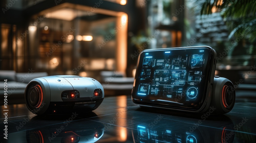 Futuristic robots and a digital interface in a modern, stylish interior setting. Futuristic robots and a digital interface in a modern, stylish interior setting.
