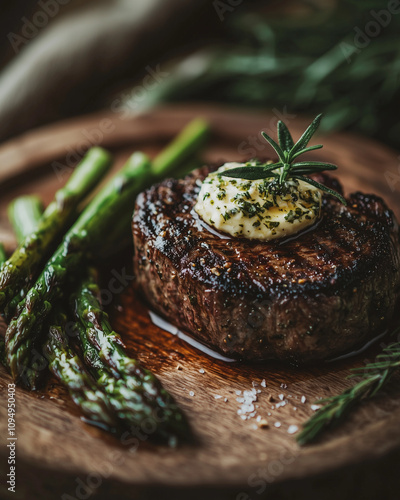 succulent grilled filet mignon with melting herb butter, garnished with rosemary and asparagus on a wooden plate