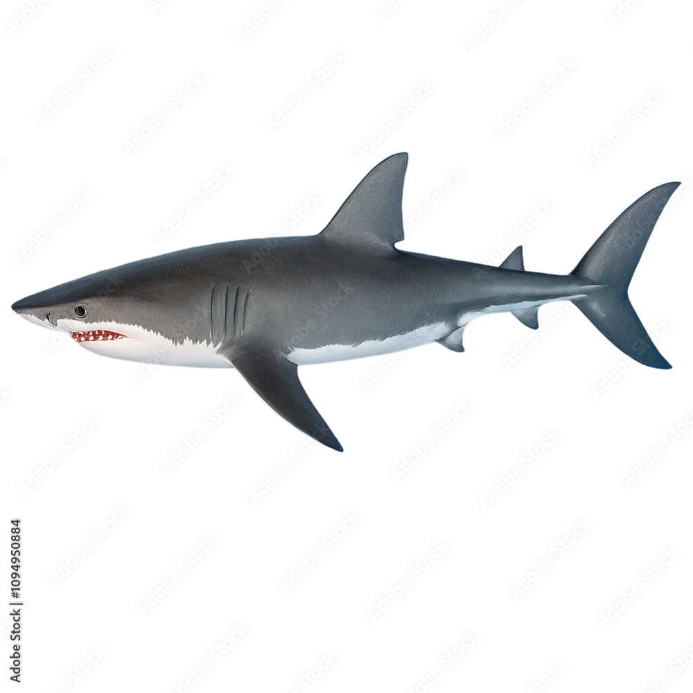 Fototapeta premium Powerful great white shark swimming in dark blue water. Predatory marine animal.
