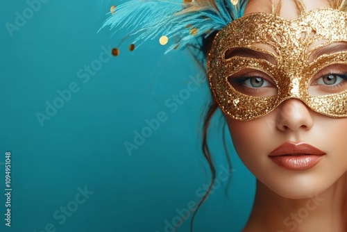 A glamorous woman gazes mysteriously through an ornate gold mask adorned with feathers and sequins, set against a stunning teal backdrop that's visually captivating. photo