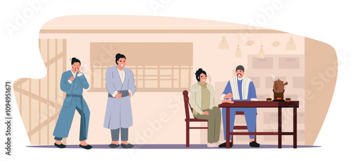 An ancient Chinese oriental doctor puts his hand on a patient's wrist and measures the pulse at the oriental clinic. sick patient visits doctor concept arts.