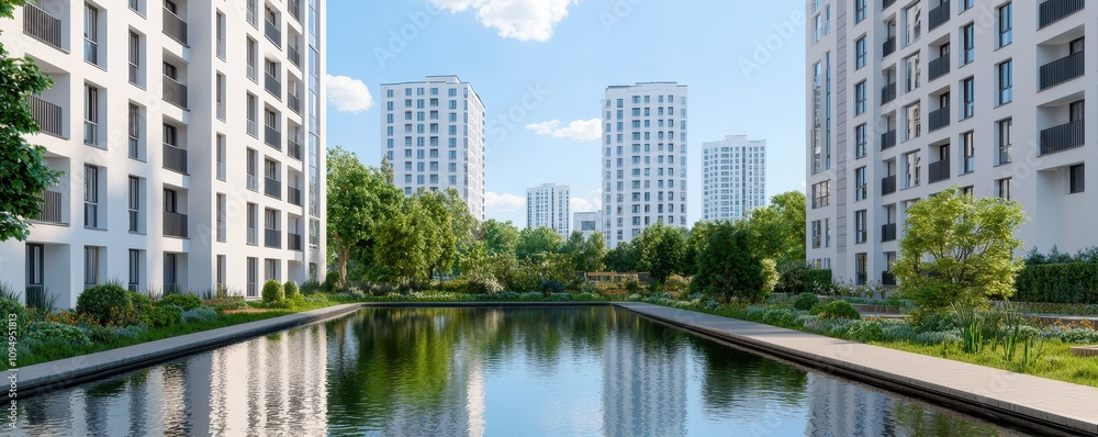 Modern residential buildings line a serene canal, surrounded by lush greenery and blue skies, creating a tranquil urban landscape. Modern residential buildings line a serene canal, surrounded by lush greenery and blue skies, creating a tranquil urban landscape.