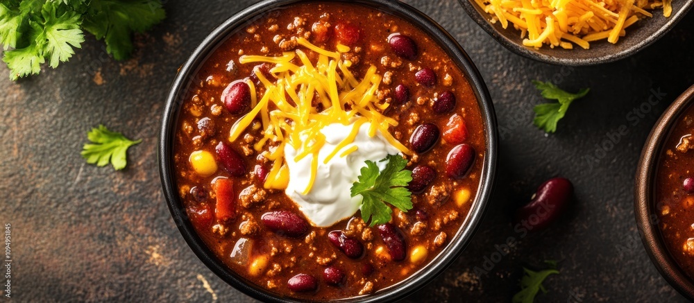 Homemade chili with beans, tomatoes, sour cream and shredded cheese on top Homemade chili with beans, tomatoes, sour cream and shredded cheese on top