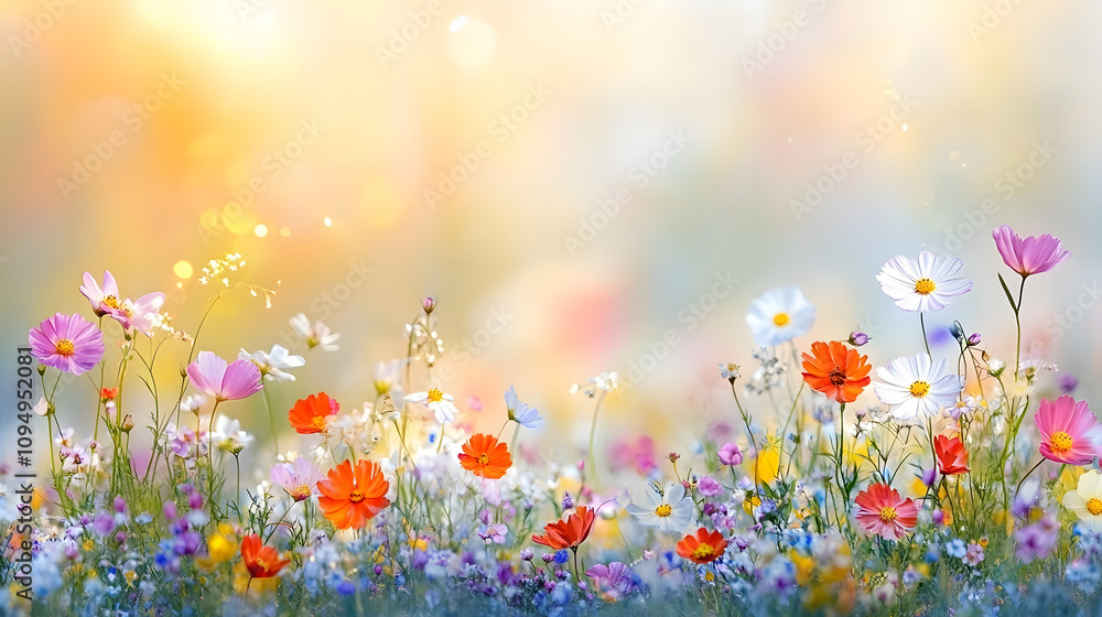 Fototapeta premium Colorful flower meadow with sunbeams and bokeh lights in summer - nature background banner with copy space - summer greeting card wildflowers spring concept