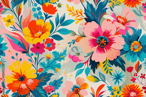 Vibrant Floral Pattern with Colorful Spring Blossoms Background