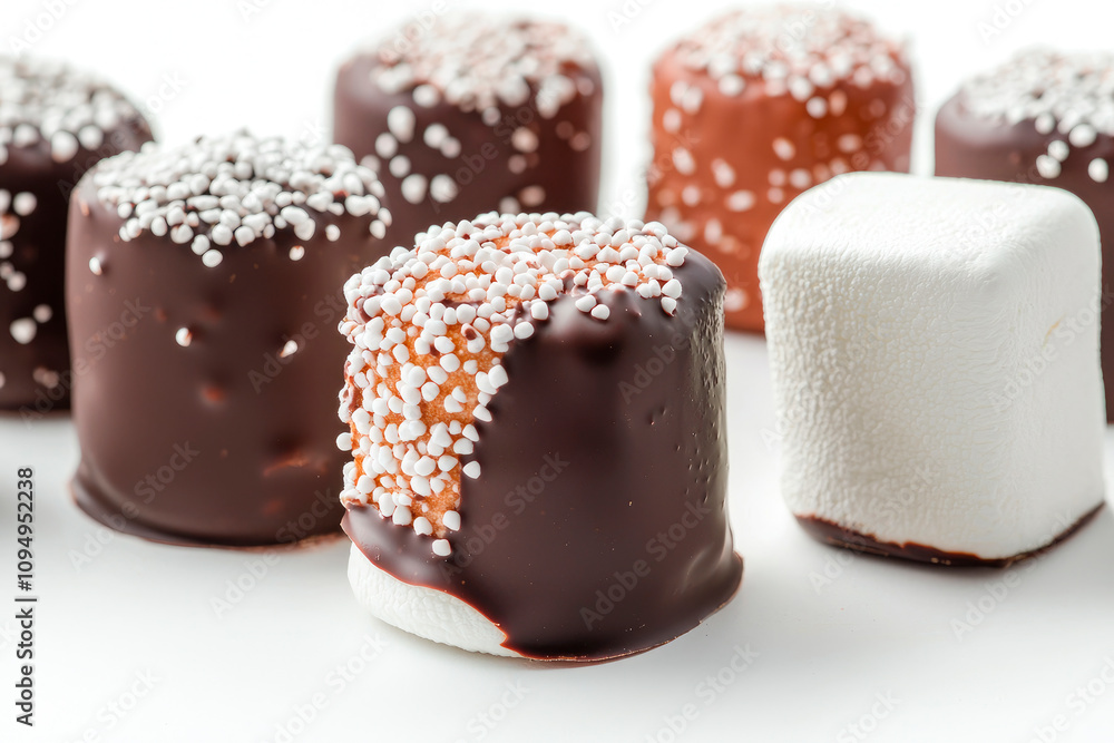 Tasty marshmallows dipped into chocolate isolated on white on white background Tasty marshmallows dipped into chocolate isolated on white on white background