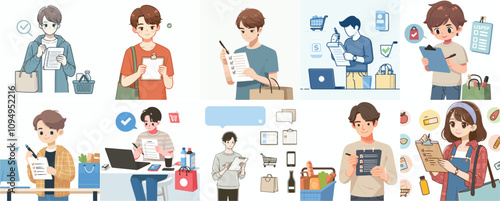 Vector of a teenager checking a shopping list in a simple and minimalist flat design style. plain white background