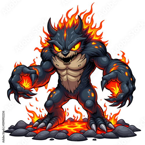 Fierce fiery creature conjured from the depths of molten lava with intimidating presence and fiery aura, digital art of character design concept.