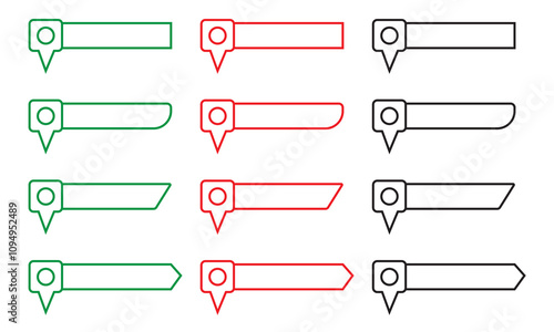 Set of red, green and black pin text tag icons. Pointer icon pin on the map with space for text. isolated on white background.  Vector illustration. EPS 10
