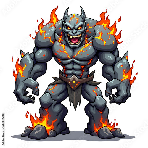 Fearsome inferno titan a fiery, muscular creature with fiery lava flowing across its body, digital art of fantasy character design concept.