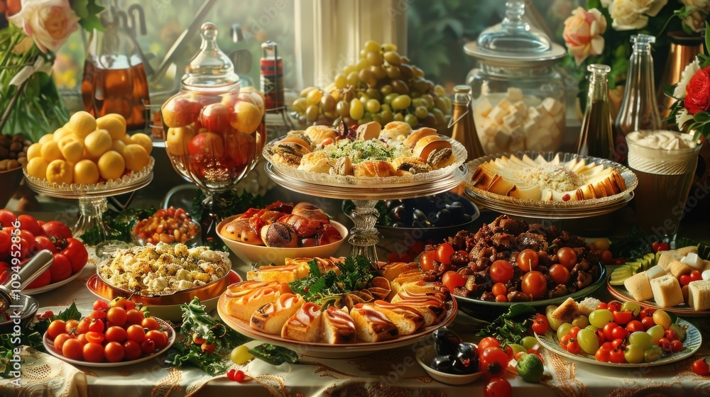 A vibrant spread of various foods and drinks arranged elegantly on a table. A vibrant spread of various foods and drinks arranged elegantly on a table.