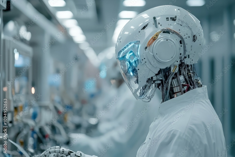 Fototapeta premium A robot with a transparent head displays intricate circuitry and blue glowing components, symbolizing advanced technology and robotics in a futuristic lab environment.