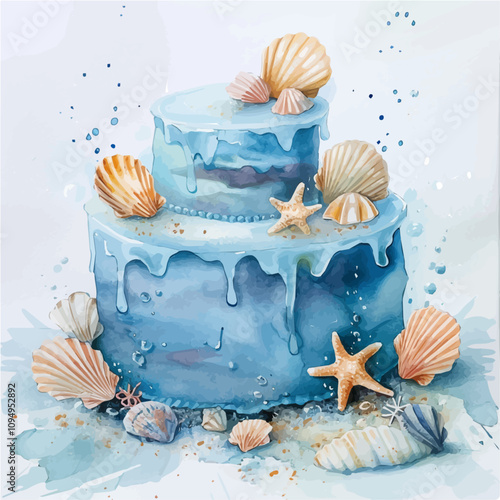 A watercolor drawing of Ocean-themed Cake, isolated on a white background. Ocean-themed Cake vector.