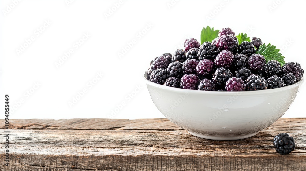 A white bowl filled with fresh blackberries sits on a rustic wooden table, showcasing vibrant berries and green leaves. A white bowl filled with fresh blackberries sits on a rustic wooden table, showcasing vibrant berries and green leaves.