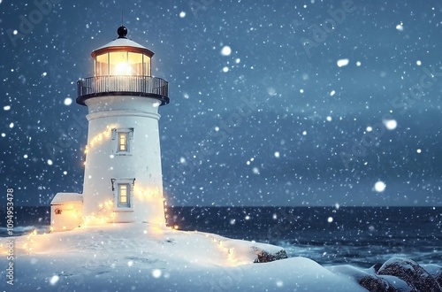 A white lighthouse with Christmas lights is illuminated in the snow at night