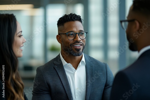 A man with glasses stands in an office setting, engaged in conversation with colleagues, depicting a modern, corporate atmosphere emphasizing connection and professionalism.