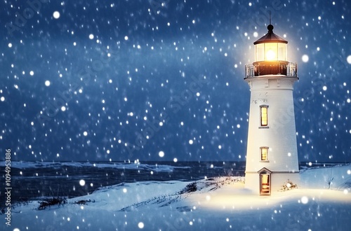 A white lighthouse with Christmas lights is illuminated in the snow at night