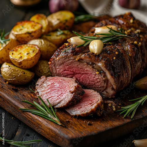 Rustic presentation of roasted lamb leg with rosemary and garlic, on a wooden board