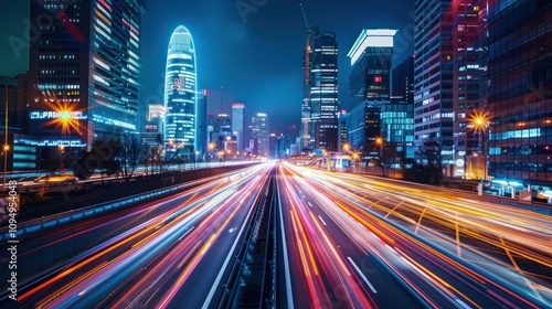 Nighttime cityscape with vibrant light trails from traffic amidst skyscrapers.