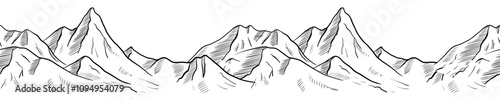 Mountain Range vector seamless Border. Linear Illustration in Black and White Ink of hills for travel banner. Pattern of rocks painted in line art style. Drawing of relief landscape with peak.
