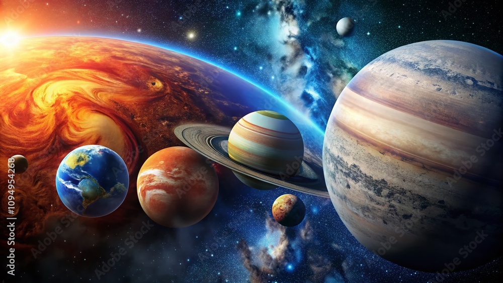 Detailed and Colorful Planetary Model with Earth, Mars, and Jupiter, Showcasing Orbits in a Space Environment, Ideal for Educational Content and Astronomy Enthusiasts Detailed and Colorful Planetary Model with Earth, Mars, and Jupiter, Showcasing Orbits in a Space Environment, Ideal for Educational Content and Astronomy Enthusiasts